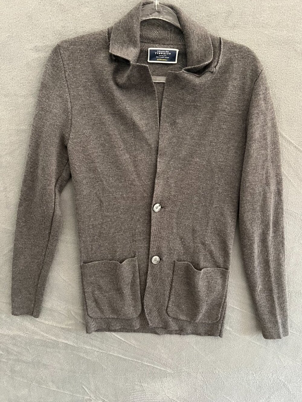 Charles Tyrwhitt 100% Merino Wool Grey Cardigan Sweater with collar pockets XS